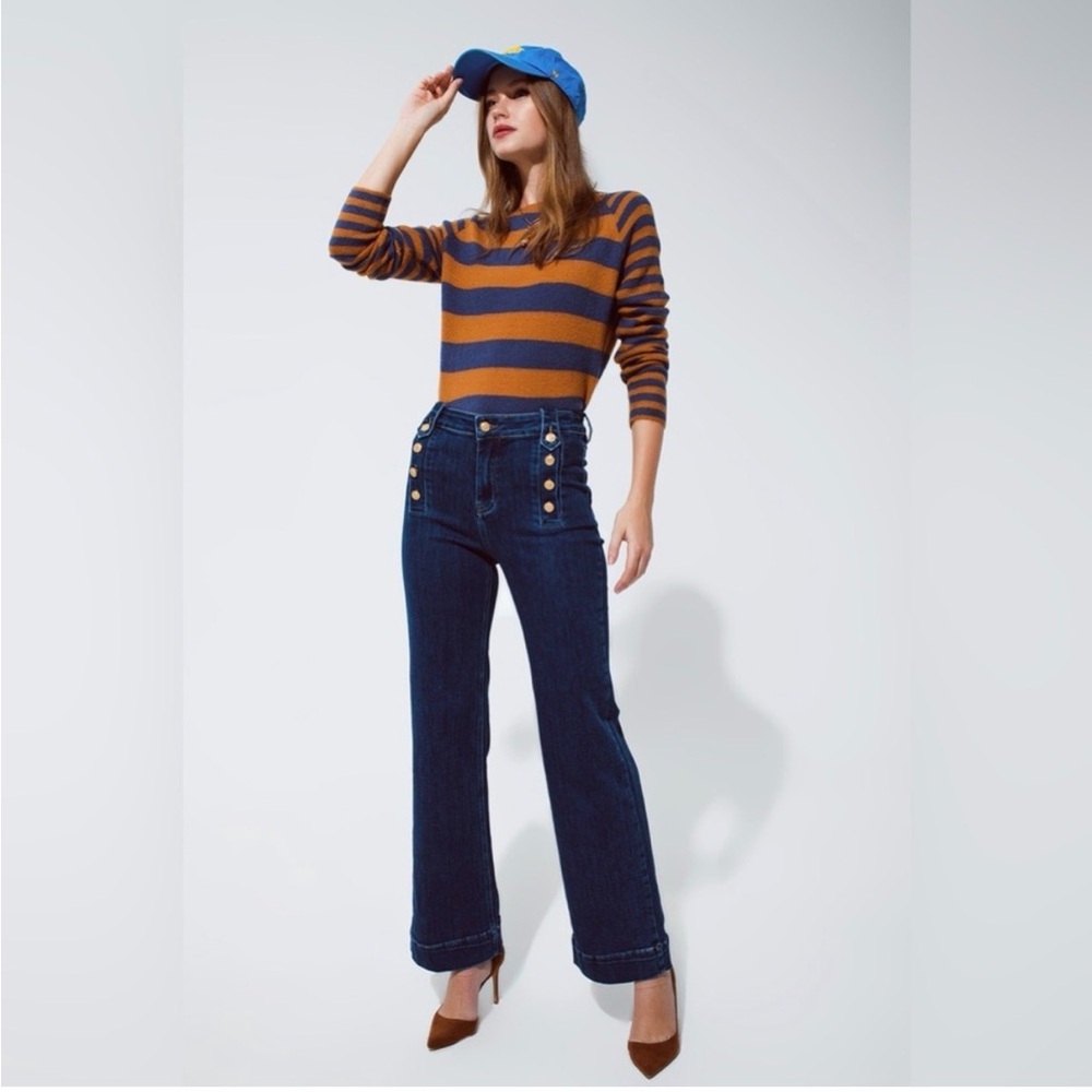 Q2 Navy High-Rise Wide-Leg Jeans with Gold Buttons